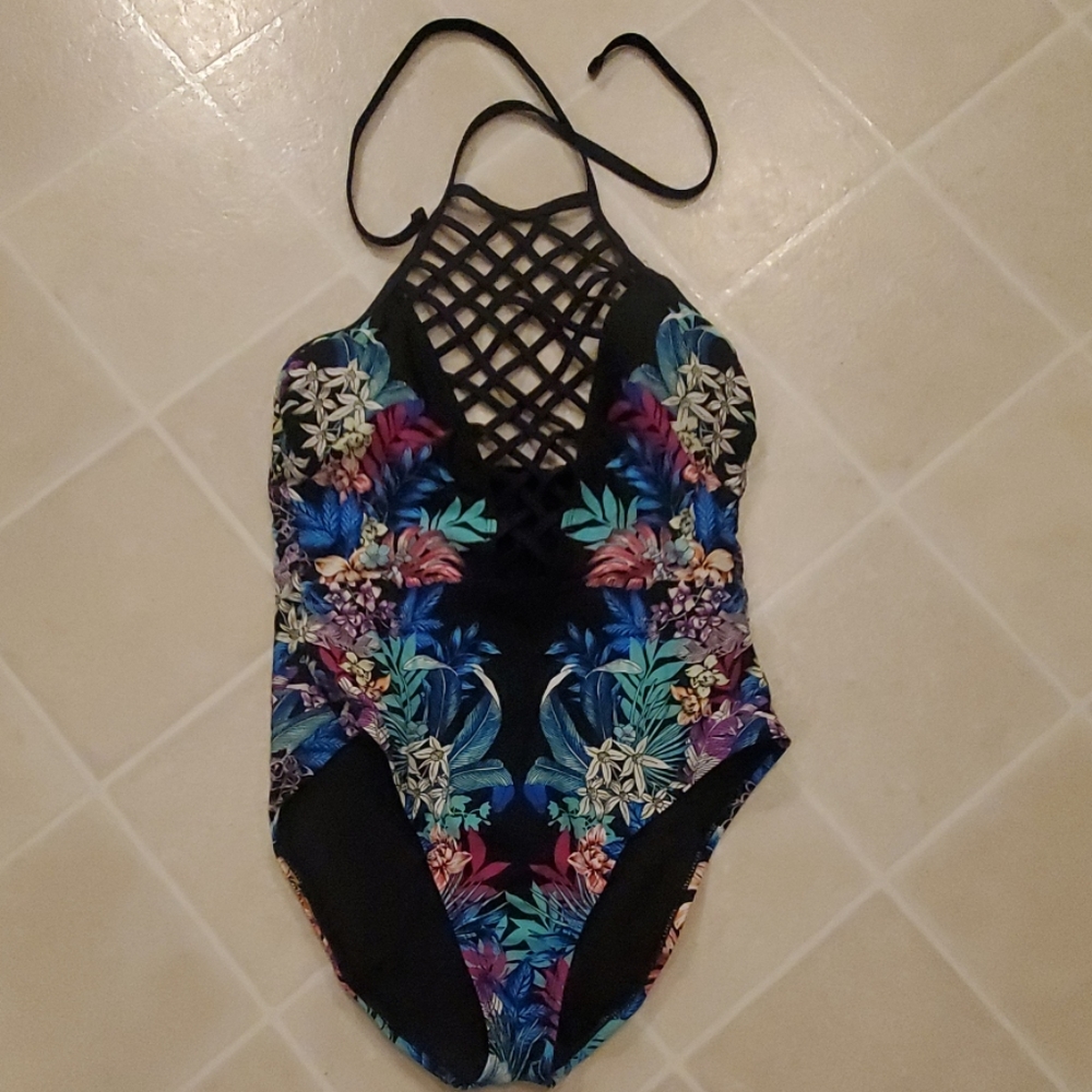 Kenneth Cole Caged Neck Floral One Piece